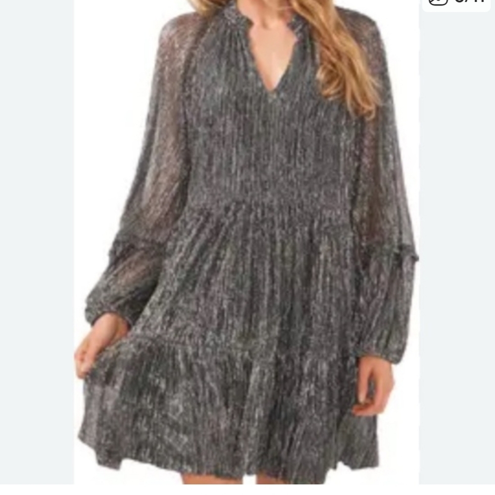 NWT 1 State Black & Silver Tiered Split Neck Evening Dress ■ Size M